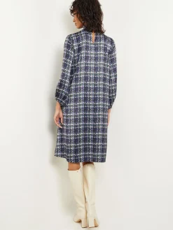 Dresses|Misook Pleated Mock Neck Crepe de Chine Printed A-Line Dress Oceanic/HunterGreen/NeutralGrey/Arctic/White/Black