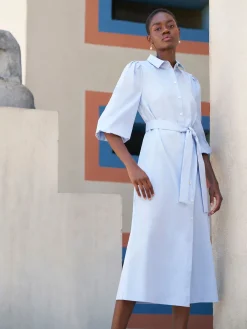 Dresses|Misook Puff Sleeve Cotton Midi Shirtdress CirrusBlue