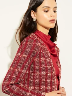 Jackets & Coats|Misook Red Plaid Jacket - Womens Tweed Jacket | ScarletRed/Mahogany/ItalianClay/Biscotti/Black