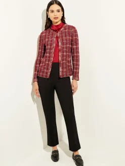 Jackets & Coats|Misook Red Plaid Jacket - Womens Tweed Jacket | ScarletRed/Mahogany/ItalianClay/Biscotti/Black