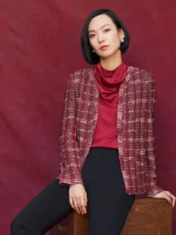 Jackets & Coats|Misook Red Plaid Jacket - Womens Tweed Jacket | ScarletRed/Mahogany/ItalianClay/Biscotti/Black