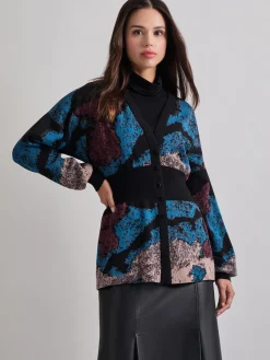 Jackets & Coats|Misook Relaxed Fit Abstract Inset Waist Jacquard Knit Cardigan TidalTeal/Black/Mahogany/Macchiato