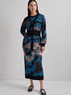 Jackets & Coats|Misook Relaxed Fit Abstract Inset Waist Jacquard Knit Cardigan TidalTeal/Black/Mahogany/Macchiato