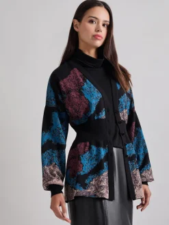 Jackets & Coats|Misook Relaxed Fit Abstract Inset Waist Jacquard Knit Cardigan TidalTeal/Black/Mahogany/Macchiato