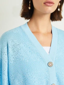 Jackets & Coats|Misook Relaxed Fit Button Front Jacket - Balloon Sleeve Soft Burnout Knit CaribbeanMist