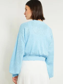 Jackets & Coats|Misook Relaxed Fit Button Front Jacket - Balloon Sleeve Soft Burnout Knit CaribbeanMist