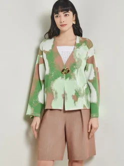 Jackets & Coats|Misook Removable Pin Crossover Jacket - Bell Sleeve Recycled Jacquard Knit VerdantClover/ParadiseGreen/Charmeuse/White