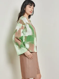 Jackets & Coats|Misook Removable Pin Crossover Jacket - Bell Sleeve Recycled Jacquard Knit VerdantClover/ParadiseGreen/Charmeuse/White