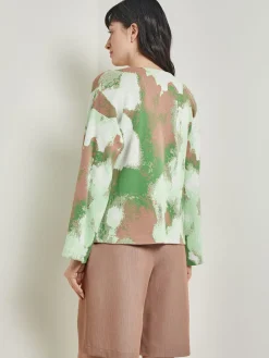 Jackets & Coats|Misook Removable Pin Crossover Jacket - Bell Sleeve Recycled Jacquard Knit VerdantClover/ParadiseGreen/Charmeuse/White