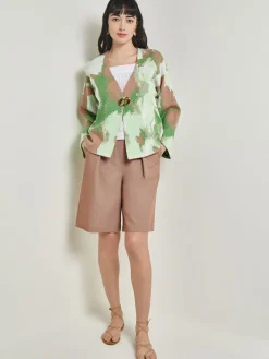 Jackets & Coats|Misook Removable Pin Crossover Jacket - Bell Sleeve Recycled Jacquard Knit VerdantClover/ParadiseGreen/Charmeuse/White