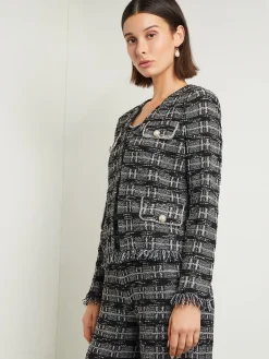 Jackets & Coats|Misook Rhinestone Accent Fringe Tweed Knit Jacket Black/NewIvory