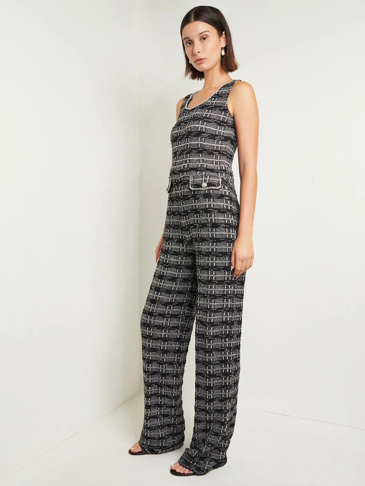 Pants & Shorts|Dresses|Misook Rhinestone Accent Tweed Knit Jumpsuit Black/NewIvory