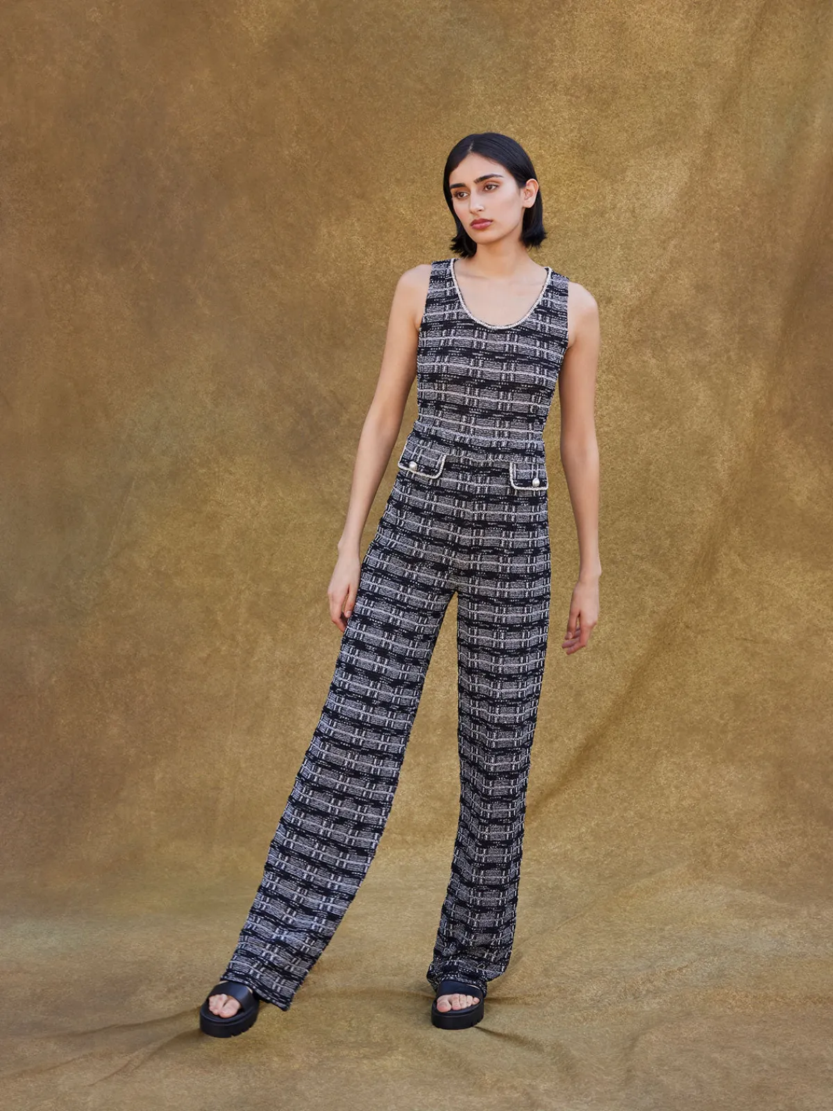 Pants & Shorts|Dresses|Misook Rhinestone Accent Tweed Knit Jumpsuit Black/NewIvory