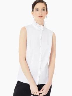 Blouses & Shirts|Tops & Tees|Misook Ruffle Neck Stretch Cotton Blouse White
