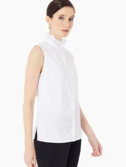 Blouses & Shirts|Tops & Tees|Misook Ruffle Neck Stretch Cotton Blouse White