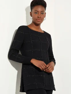 Tops & Tees|Misook Sequin Grid Soft Recycled Knit Tunic Black