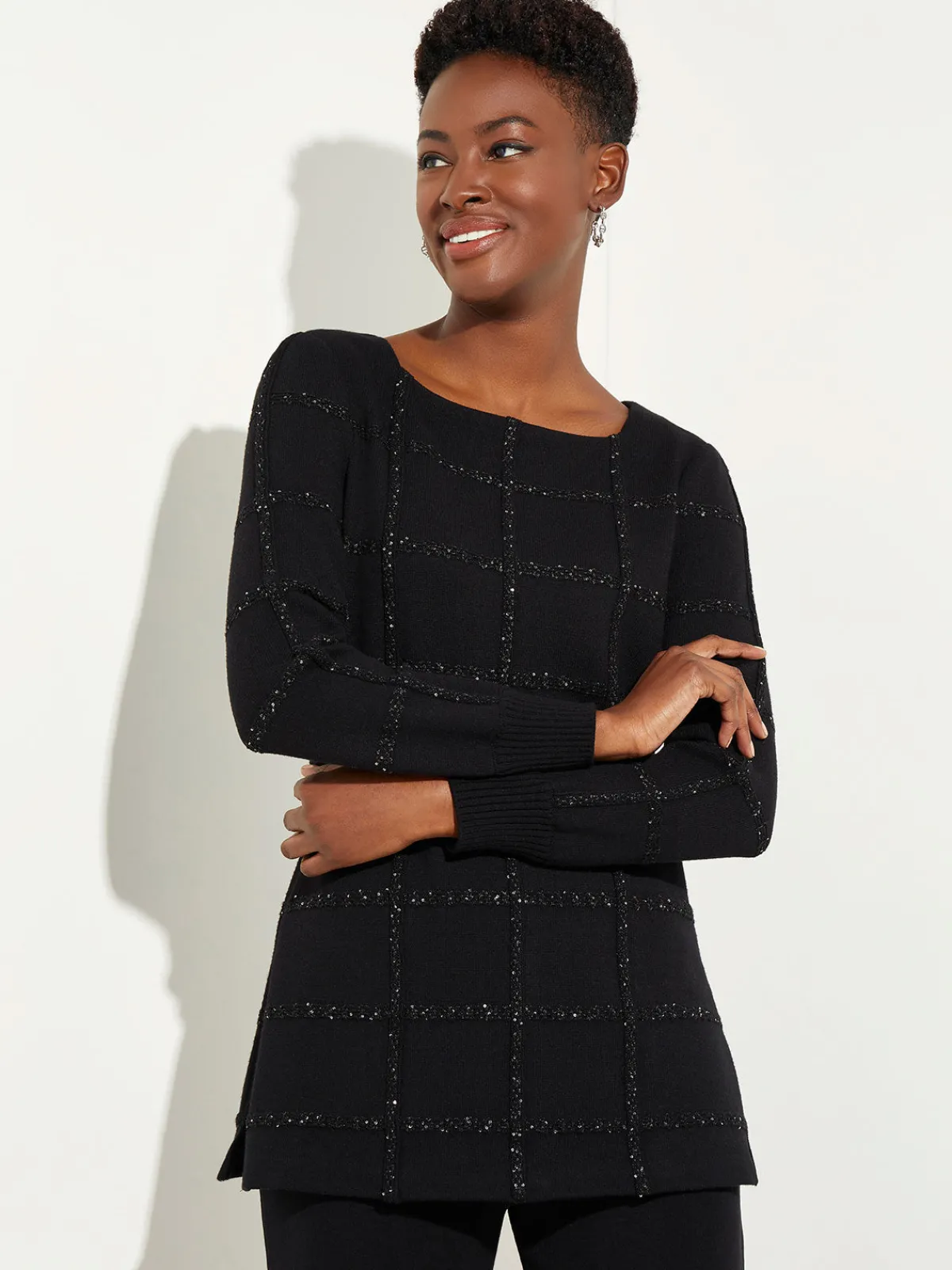 Tops & Tees|Misook Sequin Grid Soft Recycled Knit Tunic Black