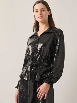 Blouses & Shirts|Tops & Tees|Misook Sequin Novelty Woven Blouse Black