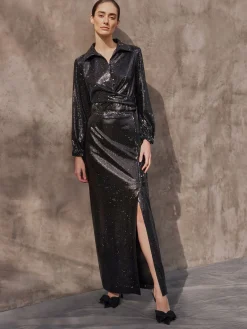 Skirts|Misook Sequin Novelty Woven Straight Maxi Skirt Black