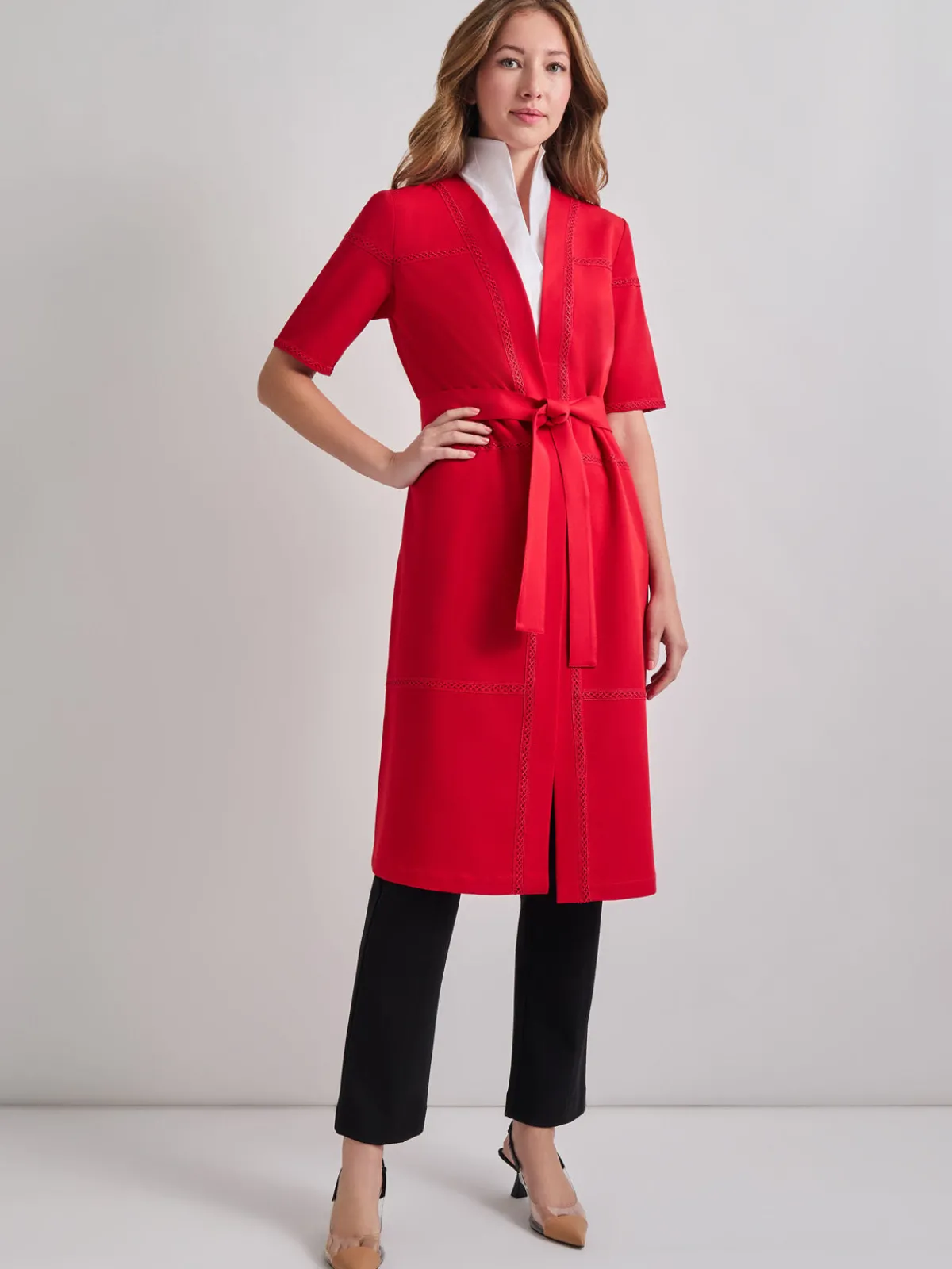 Jackets & Coats|Misook Short Sleeve Belted Stretch Crepe Duster SunsetRed