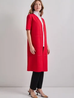 Jackets & Coats|Misook Short Sleeve Belted Stretch Crepe Duster SunsetRed