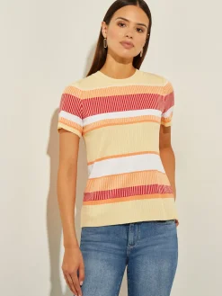 Tops & Tees|Misook Short Sleeve Intarsia Striped Soft Knit Top CitrusBlossom/SunsetRed/PaleGold/White
