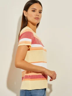 Tops & Tees|Misook Short Sleeve Intarsia Striped Soft Knit Top CitrusBlossom/SunsetRed/PaleGold/White