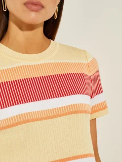 Tops & Tees|Misook Short Sleeve Intarsia Striped Soft Knit Top CitrusBlossom/SunsetRed/PaleGold/White