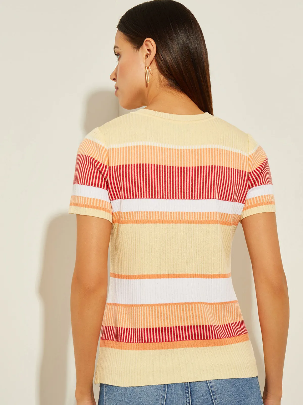 Tops & Tees|Misook Short Sleeve Intarsia Striped Soft Knit Top CitrusBlossom/SunsetRed/PaleGold/White