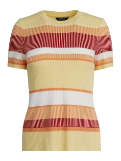 Tops & Tees|Misook Short Sleeve Intarsia Striped Soft Knit Top CitrusBlossom/SunsetRed/PaleGold/White