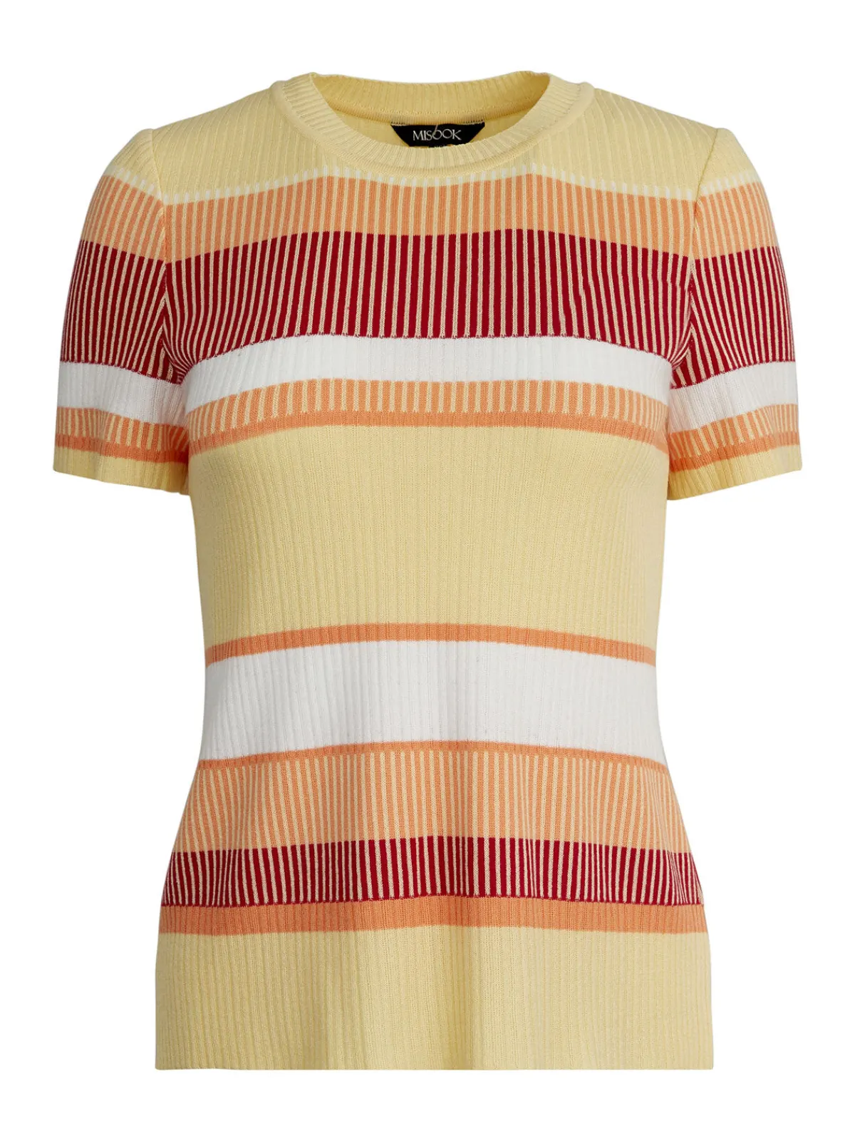 Tops & Tees|Misook Short Sleeve Intarsia Striped Soft Knit Top CitrusBlossom/SunsetRed/PaleGold/White