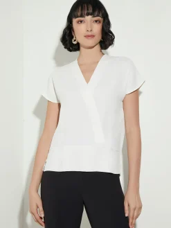 Blouses & Shirts|Tops & Tees|Misook Short Sleeve V-Neck Crepe de Chine Blouse White