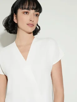 Blouses & Shirts|Tops & Tees|Misook Short Sleeve V-Neck Crepe de Chine Blouse White