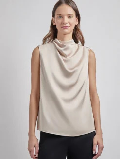 Tops & Tees|Tanks|Misook Sleeveless High Neck Draped Crepe de Chine Blouse Biscotti
