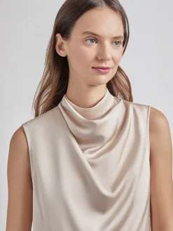 Tops & Tees|Tanks|Misook Sleeveless High Neck Draped Crepe de Chine Blouse Biscotti