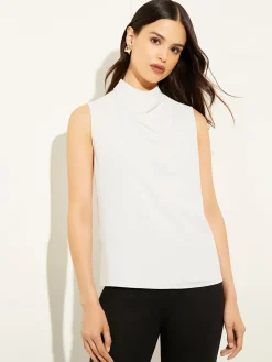 Tops & Tees|Tanks|Misook Sleeveless High Neck Draped Crepe de Chine Blouse White