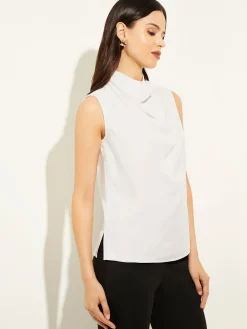 Tops & Tees|Tanks|Misook Sleeveless High Neck Draped Crepe de Chine Blouse White