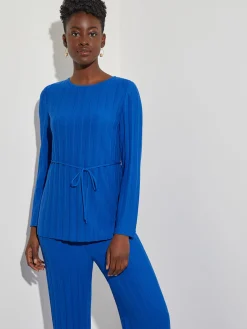 Tops & Tees|Misook Soft Ribbed Knit Tie-Waist Tunic LyonsBlue