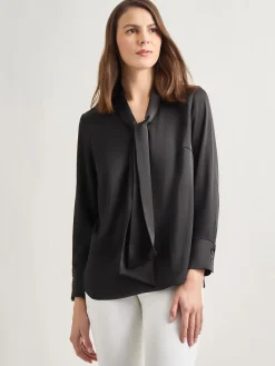 Blouses & Shirts|Tops & Tees|Misook Solid Tie Neck Crepe de Chine Blouse Black