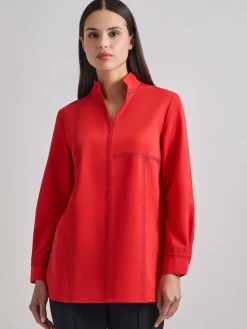 Blouses & Shirts|Tops & Tees|Misook Soutache Detail Tonal Stretch Crepe Tunic SunsetRed