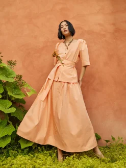 Blouses & Shirts|Tops & Tees|Misook Square Neck Button Front Blouse - Belted Faux Cupro Silk PeachBlossom