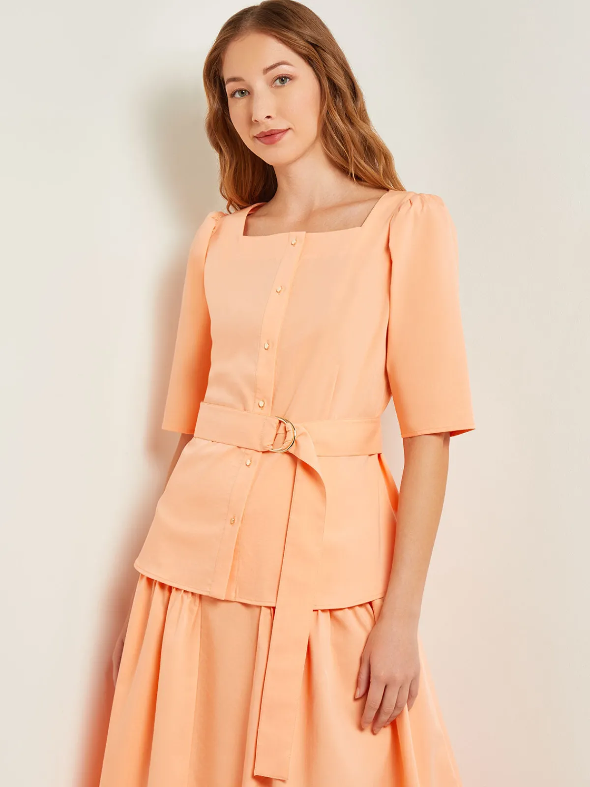 Blouses & Shirts|Tops & Tees|Misook Square Neck Button Front Blouse - Belted Faux Cupro Silk PeachBlossom