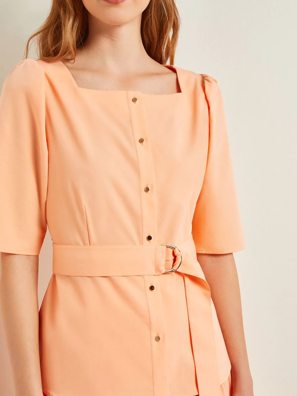 Blouses & Shirts|Tops & Tees|Misook Square Neck Button Front Blouse - Belted Faux Cupro Silk PeachBlossom