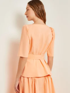 Blouses & Shirts|Tops & Tees|Misook Square Neck Button Front Blouse - Belted Faux Cupro Silk PeachBlossom