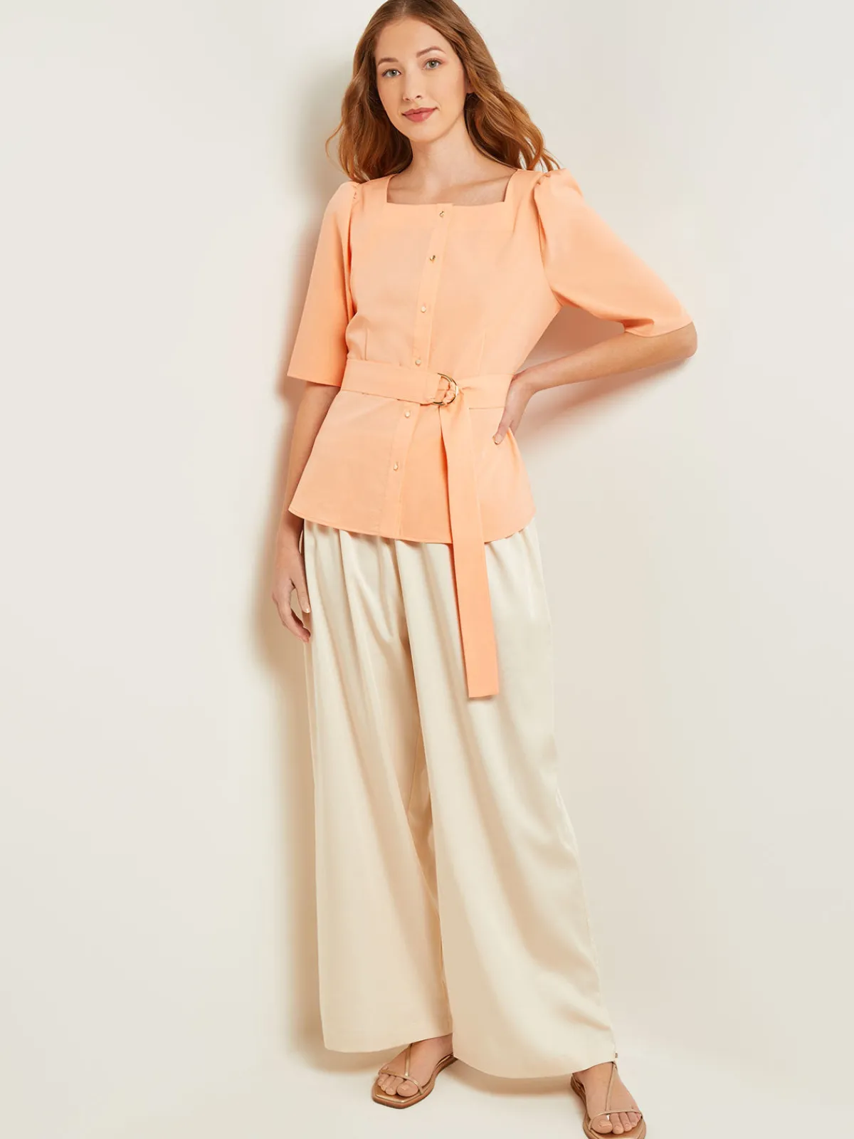 Blouses & Shirts|Tops & Tees|Misook Square Neck Button Front Blouse - Belted Faux Cupro Silk PeachBlossom