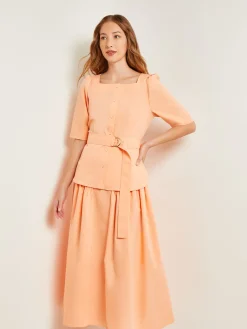 Blouses & Shirts|Tops & Tees|Misook Square Neck Button Front Blouse - Belted Faux Cupro Silk PeachBlossom