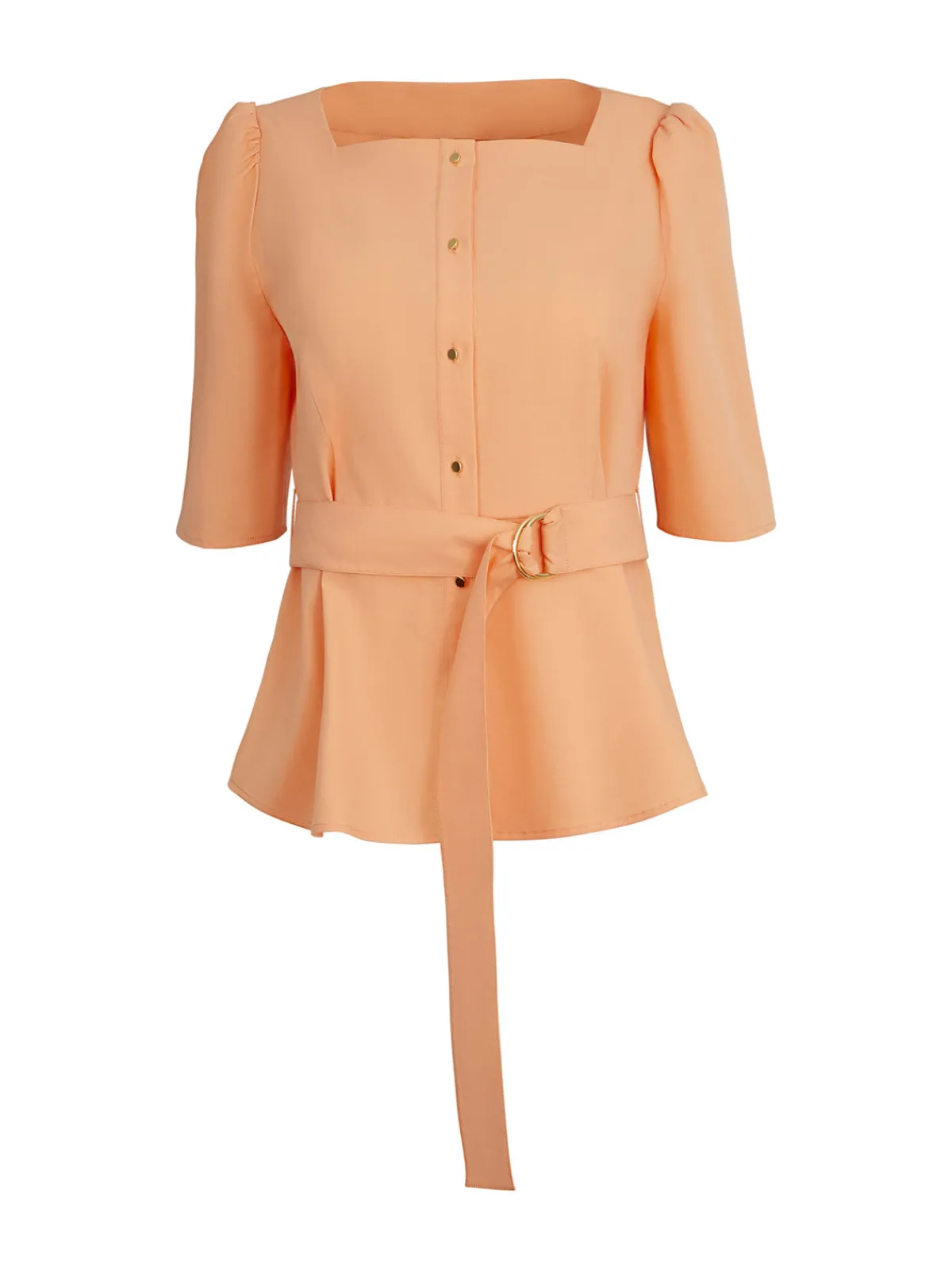 Blouses & Shirts|Tops & Tees|Misook Square Neck Button Front Blouse - Belted Faux Cupro Silk PeachBlossom