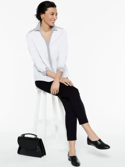 Blouses & Shirts|Tops & Tees|Misook Stripe Trim Stretch Cotton Button-Up Shirt White/Black