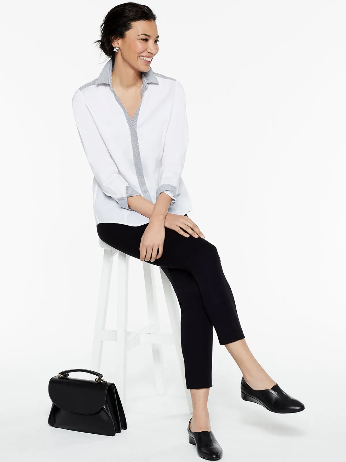 Blouses & Shirts|Tops & Tees|Misook Stripe Trim Stretch Cotton Button-Up Shirt White/Black