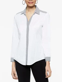 Blouses & Shirts|Tops & Tees|Misook Stripe Trim Stretch Cotton Button-Up Shirt White/Black